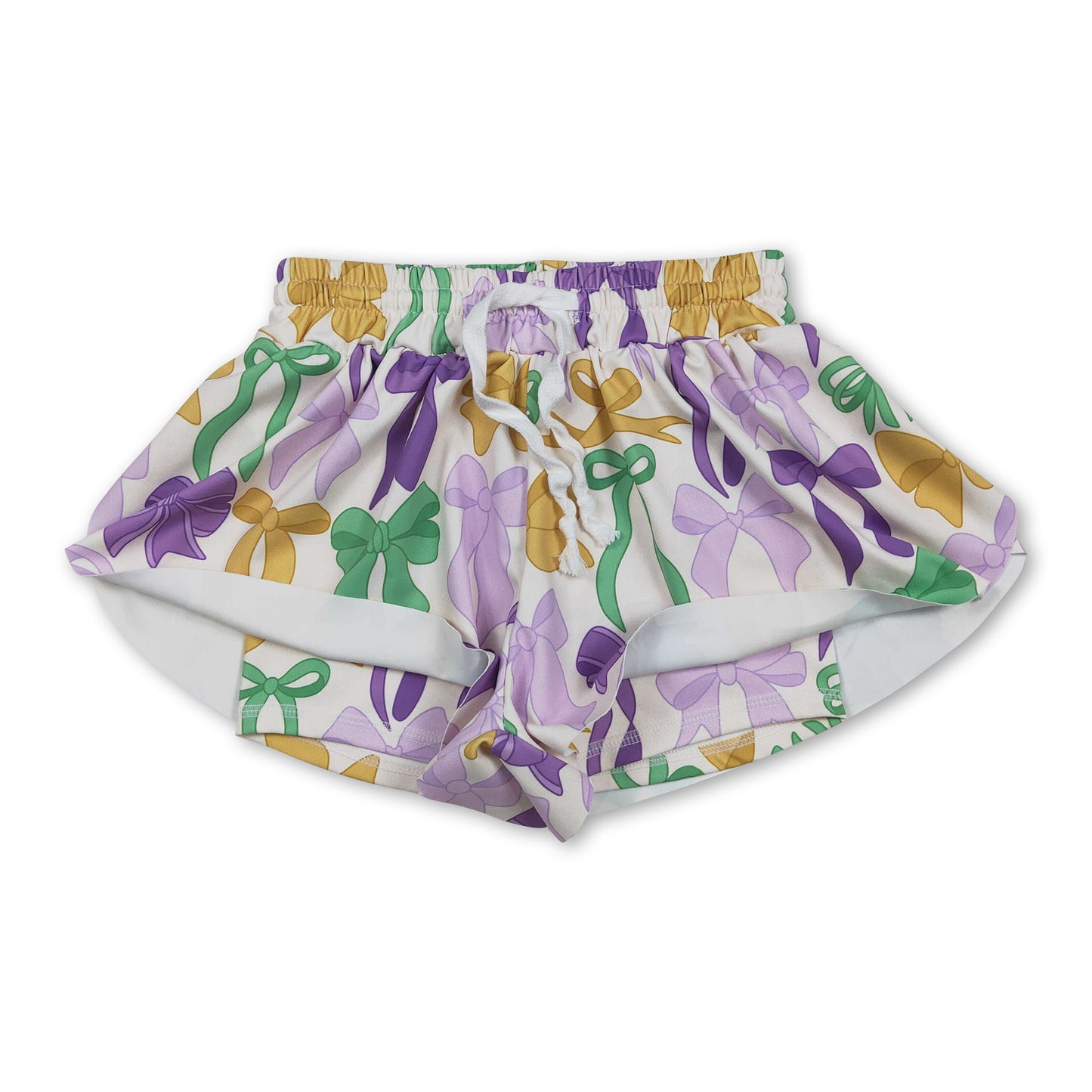 Purple green yellow bow kids girls Mardi Gras active shorts