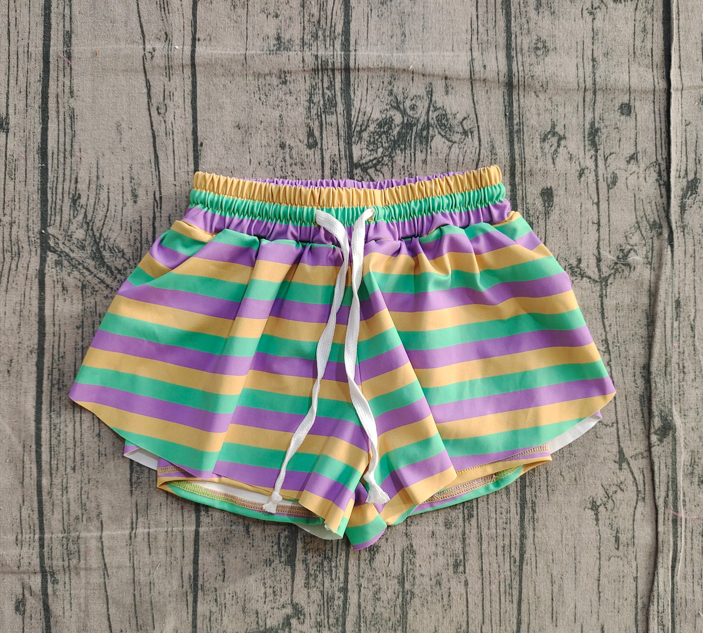 Purple green yellow stripe women Mardi Gras active shorts