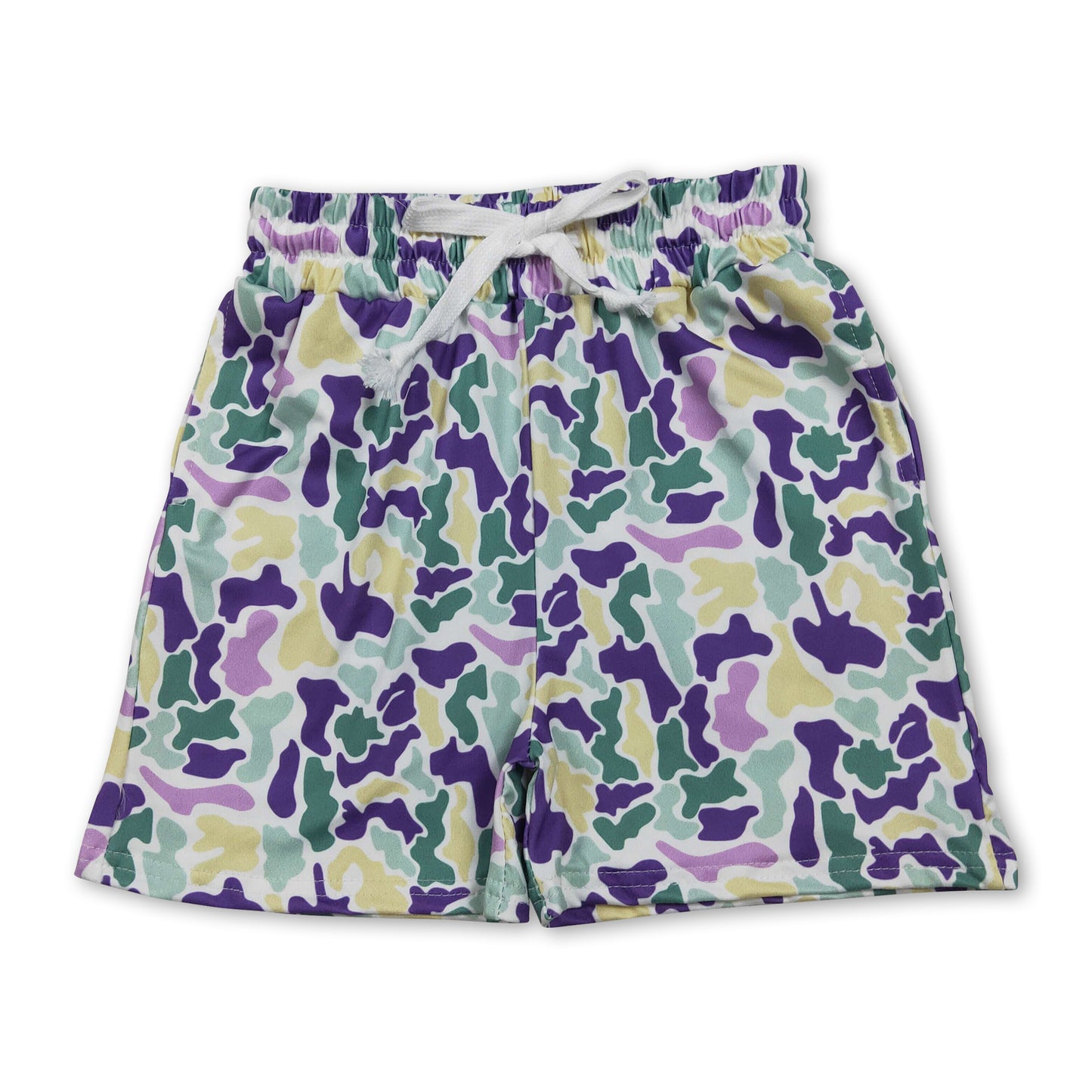 Green yellow purple camo kids boys Mardi Gras shorts