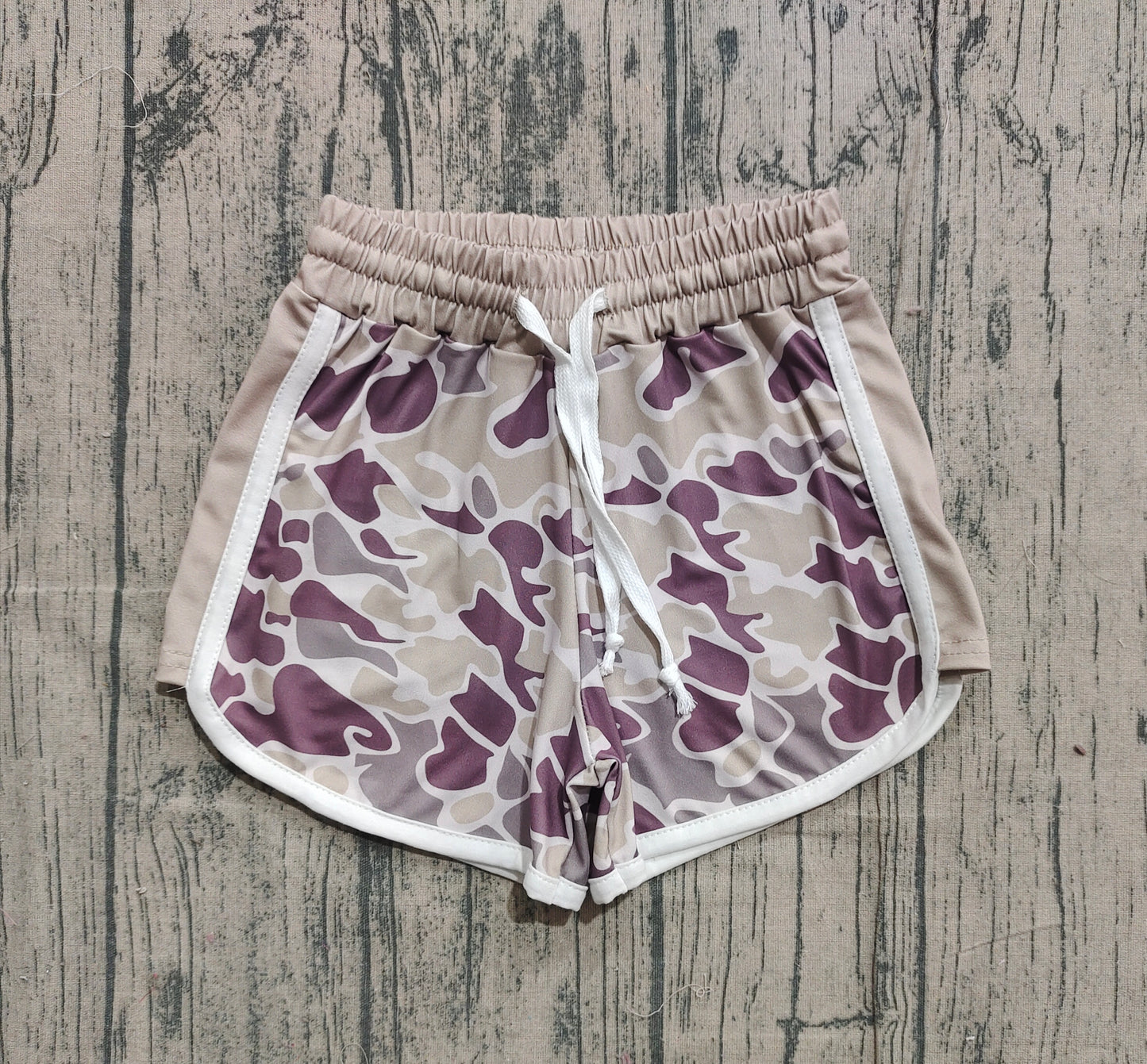 Purple camo drawstring kids girls summer shorts
