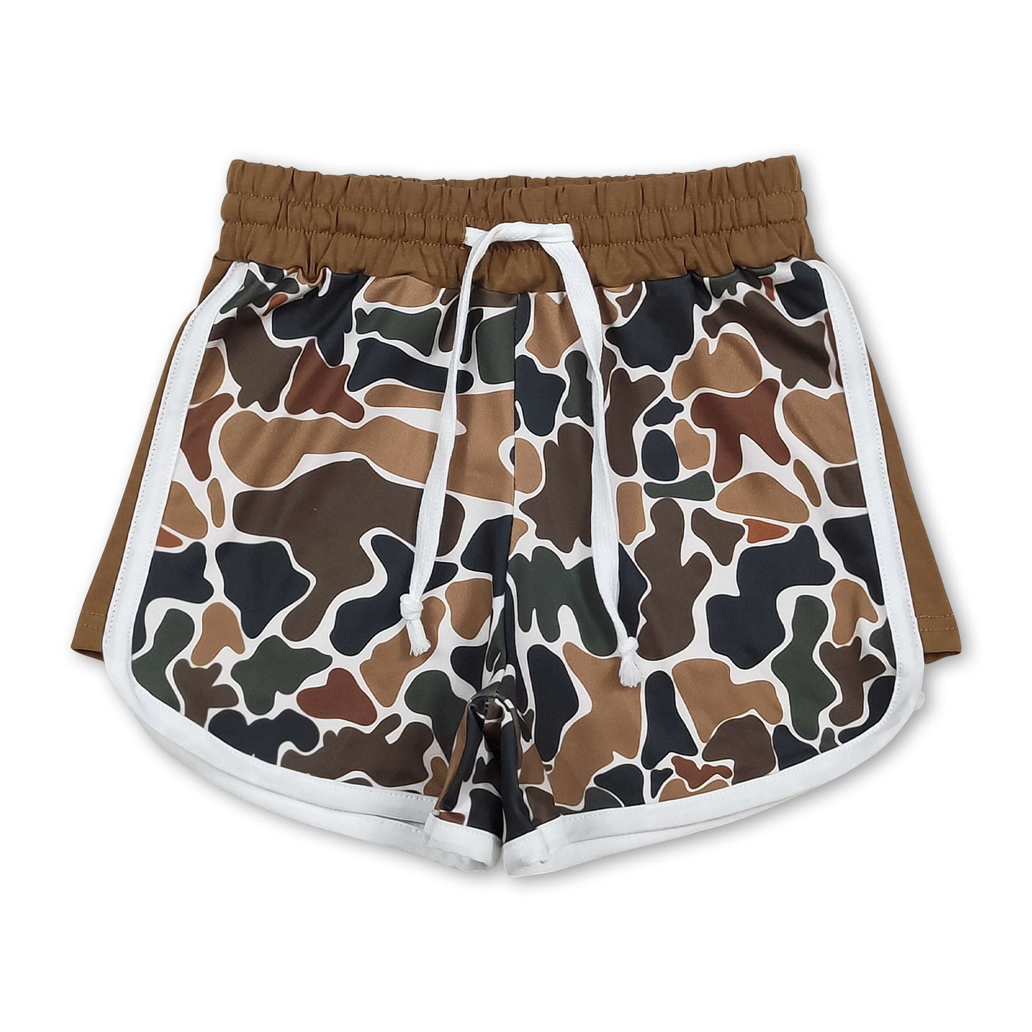 Brown camo drawstring kids girls summer shorts