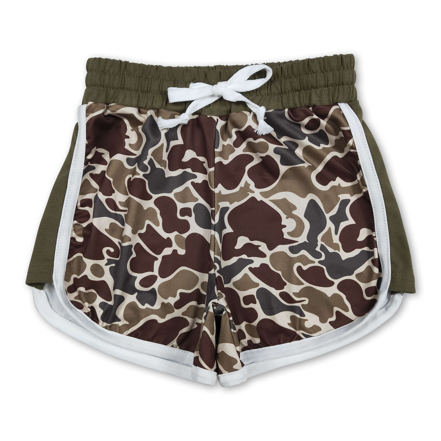 Dark green camo drawstring kids girls summer shorts