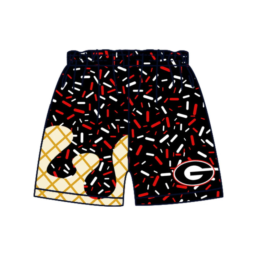 MOQ 3 pcs G black red ice cream sprinkle kids boys team shorts