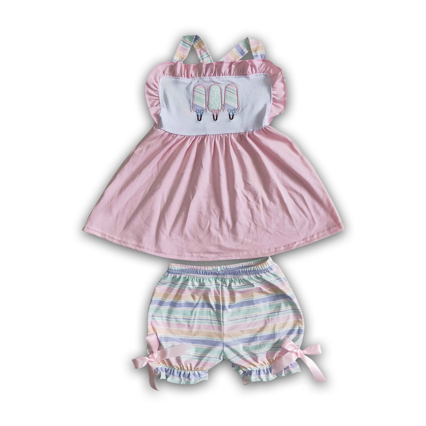 Popsicle embroidery stripe shorts girls summer clothes