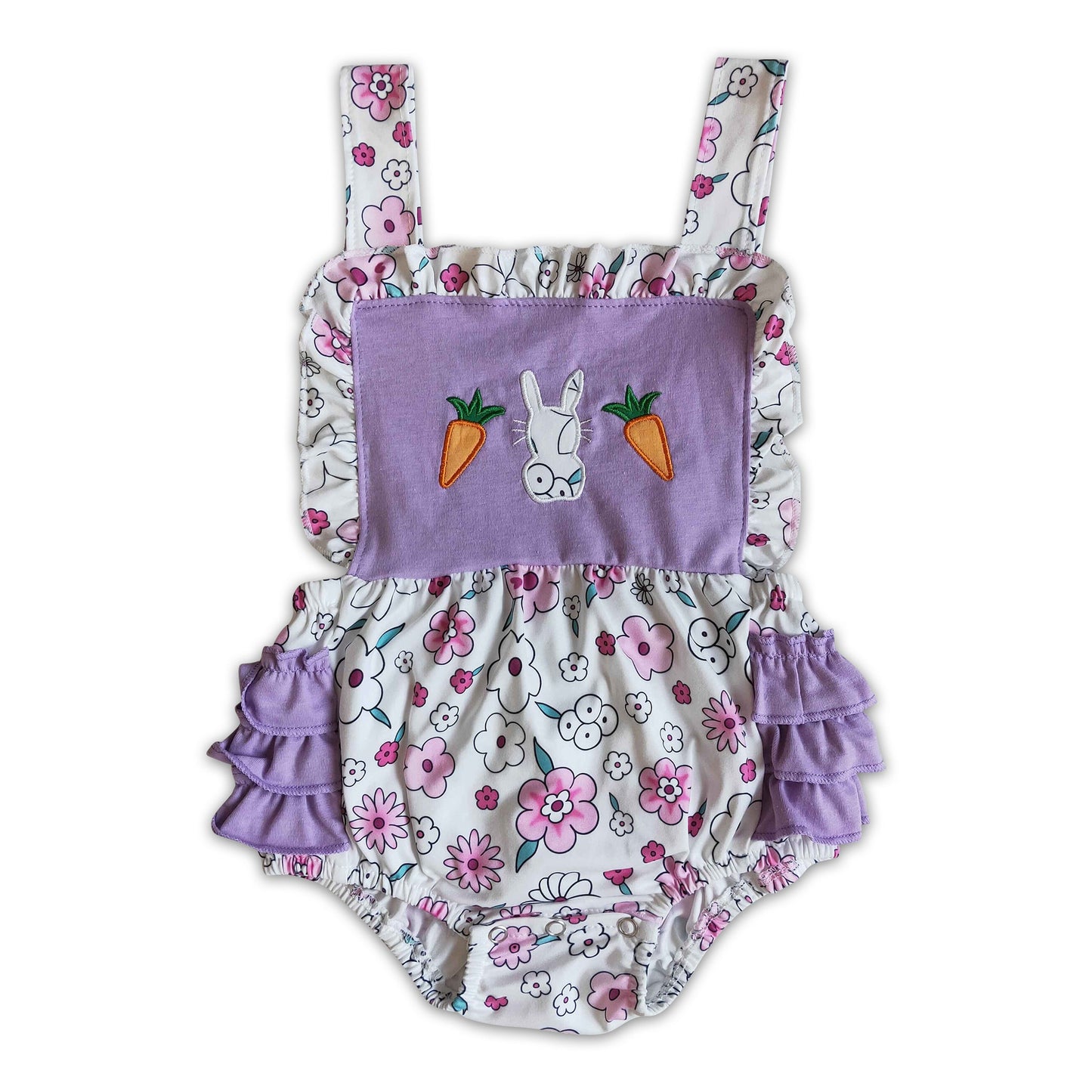 Floral bunny carrot embroidery romper baby girls easter bubbles