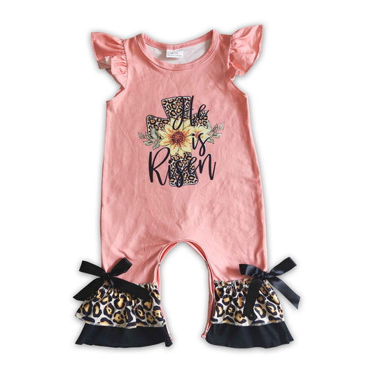 Cross He is risen leopard baby easter romper