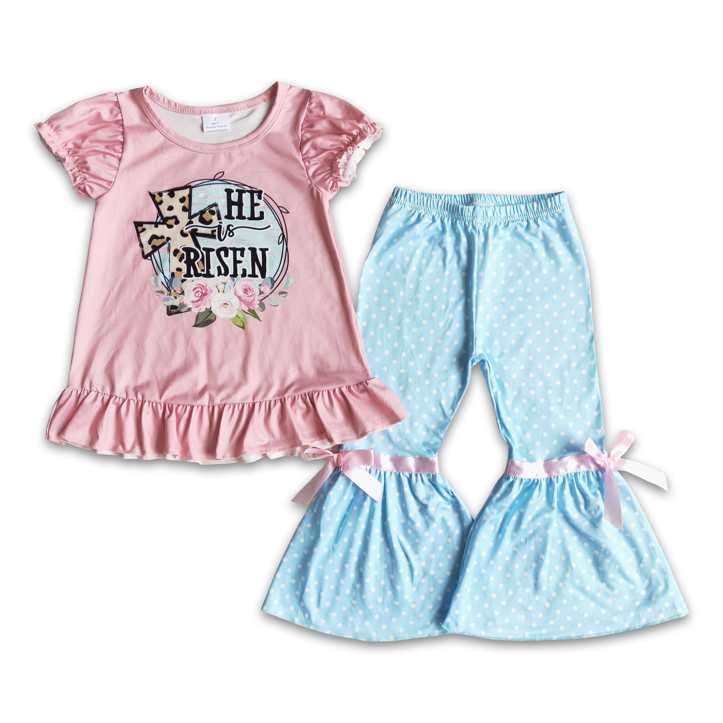He is risen pink shirt polka dots bell bottom pants girls easter clothing