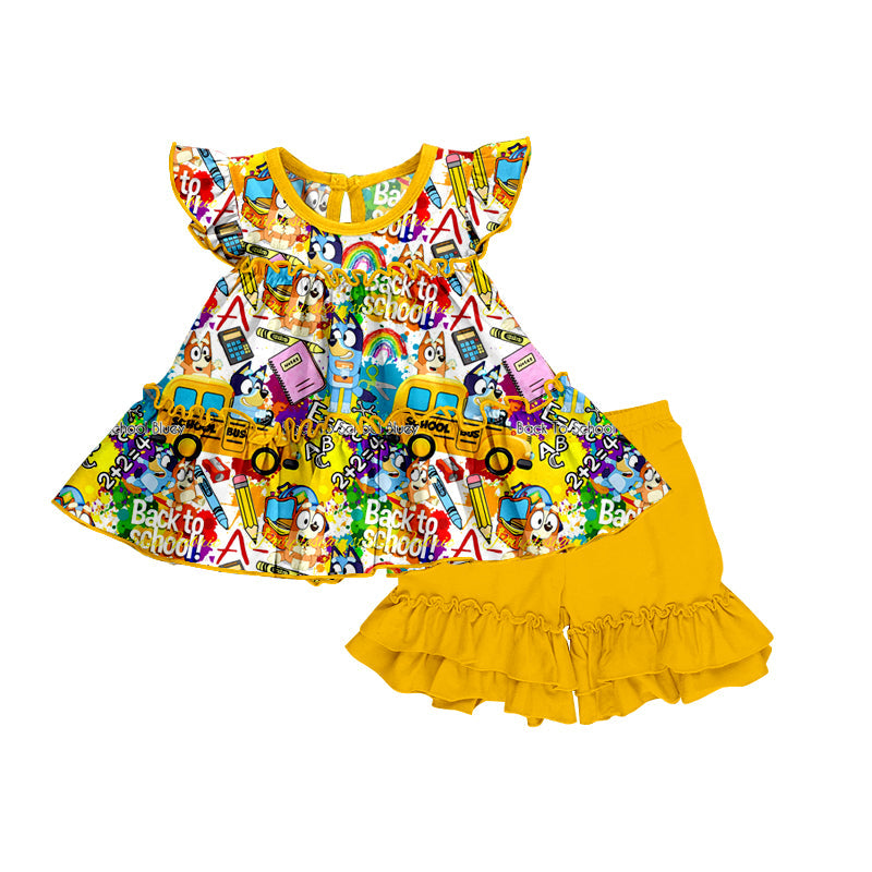 MOQ 3 flutter sleeves dog pencil peplum shorts girls back to school set