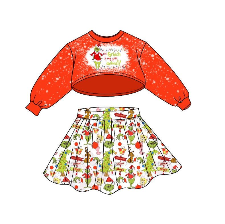 MOQ 5 red green face bleached top skirt girls Christmas clothes