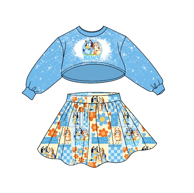 MOQ 5 blue dog bleached top patchwork skirt girls team clothes