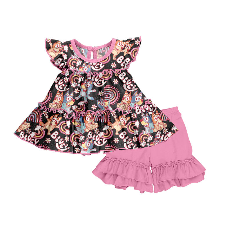 MOQ 3 dog rainbow tunic pink ruffle shorts girls clothes