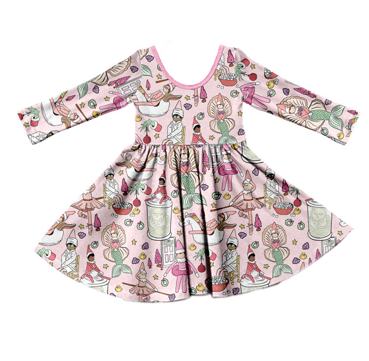 MOQ 5 pink green face fish kids girls Christmas dress