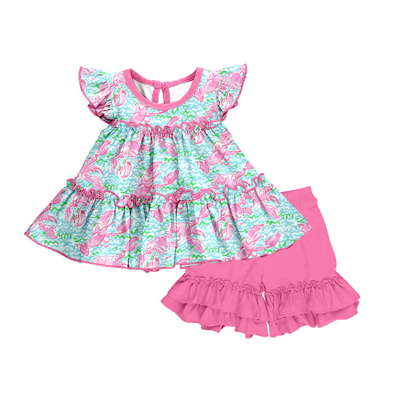 MOQ 3 watercolor crawfish top ruffle shorts girls outfits