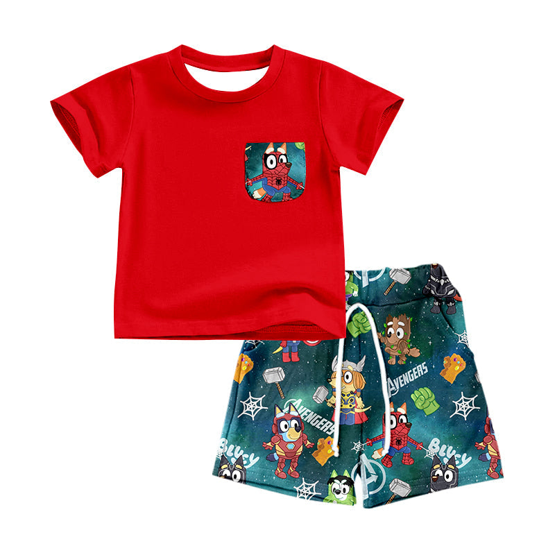 MOQ 3 Red pocket spider dog shirt shorts boys clothes