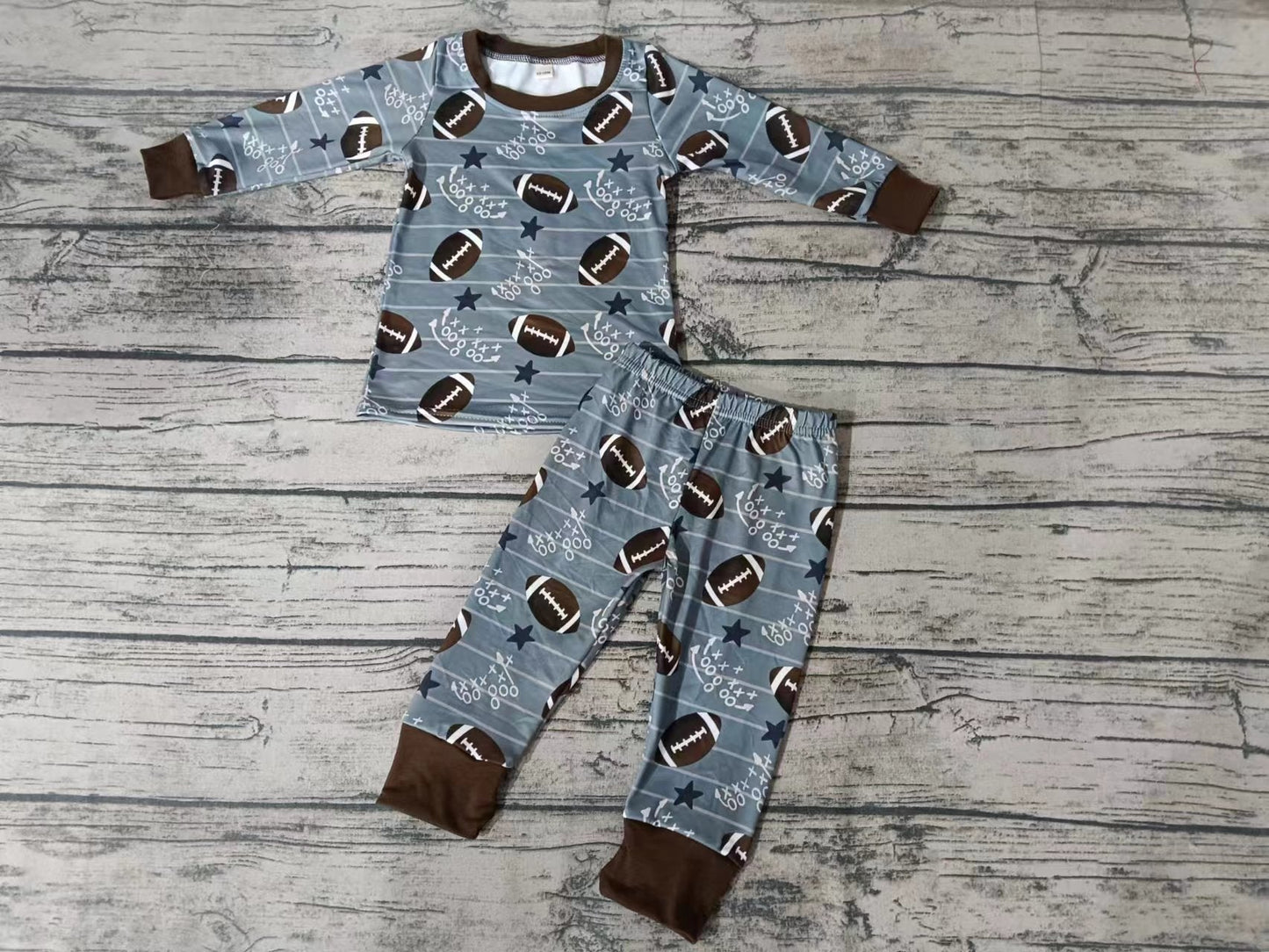 MOQ 3 pcs stripe football long sleeves kids pajamas