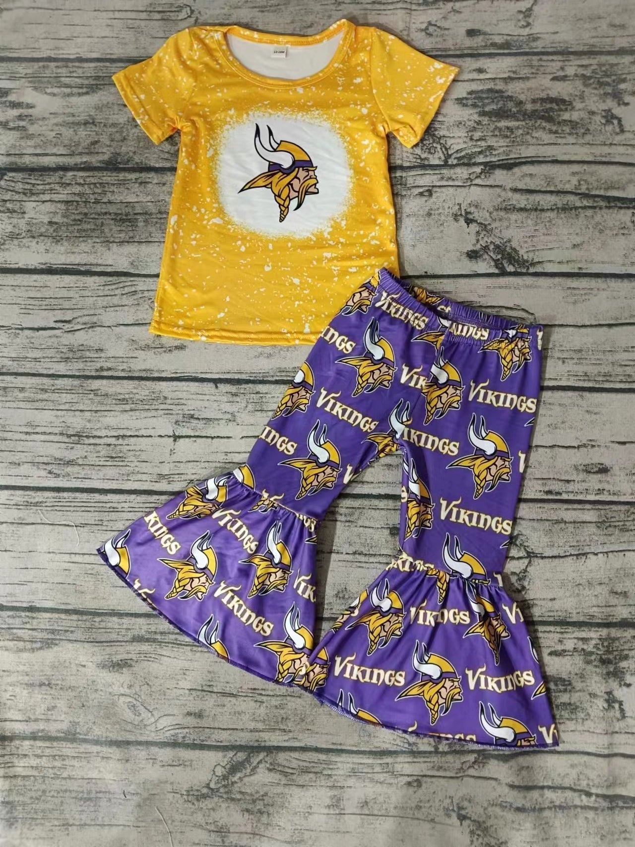 MOQ 3 pcs yellow bleached top purple pants girls team outfits
