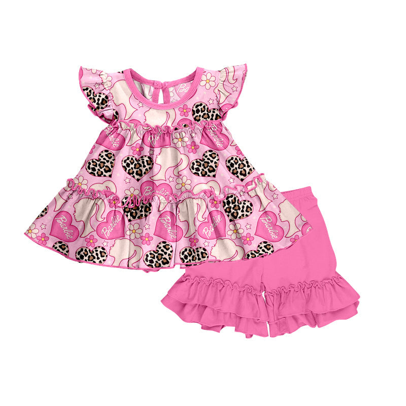 MOQ 3 leopard heart top ruffle shorts pink girls outfits