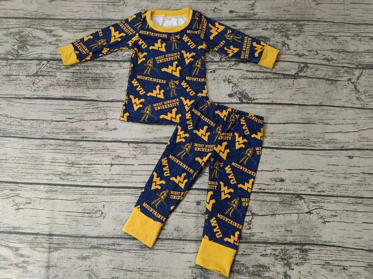 MOQ 3 pcs navy W V long sleeves kids team pajamas