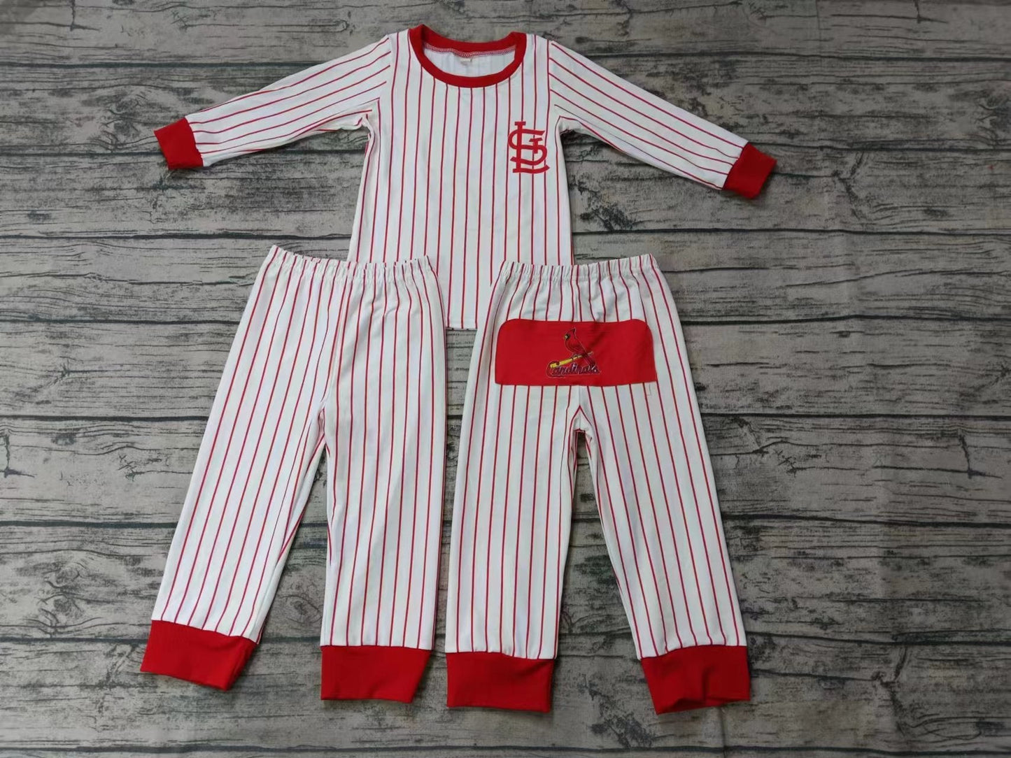 MOQ 3 pcs red long sleeves stripe bird kids team pajamas