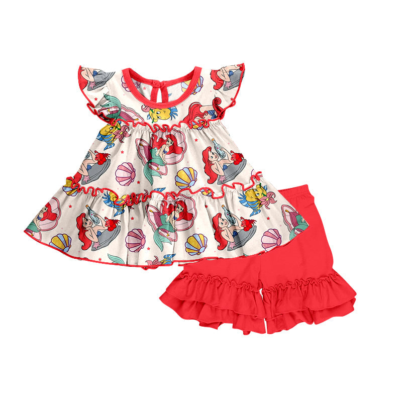 MOQ 3 shell princess tunic red ruffle shorts girls summer set