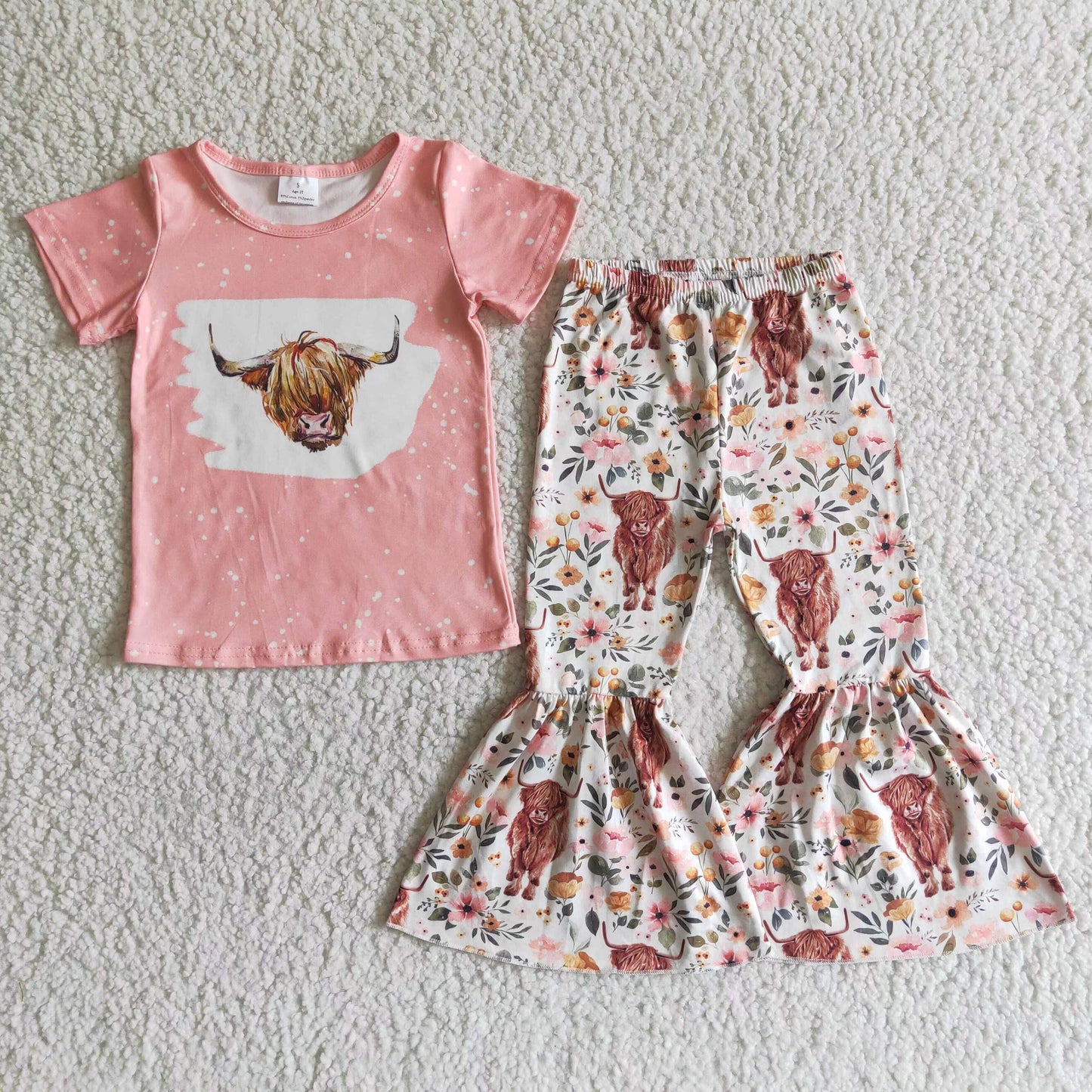 Highland cow print shirt bell bottom pants girls spring clothing ship from US