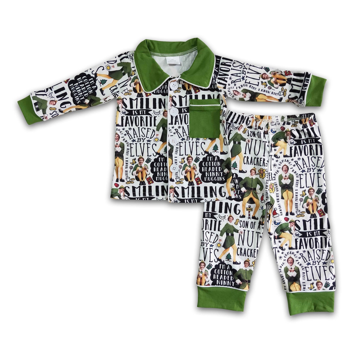 Green long sleeve pocket naughty and nice boy Christmas pajamas