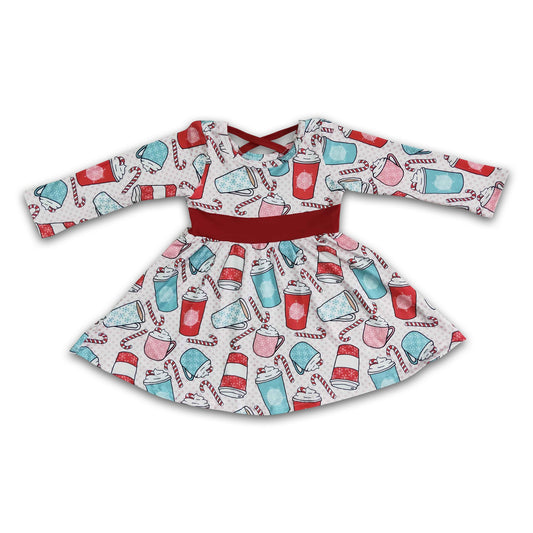 Cup candy cane long sleeve girls twirl Christmas dresses