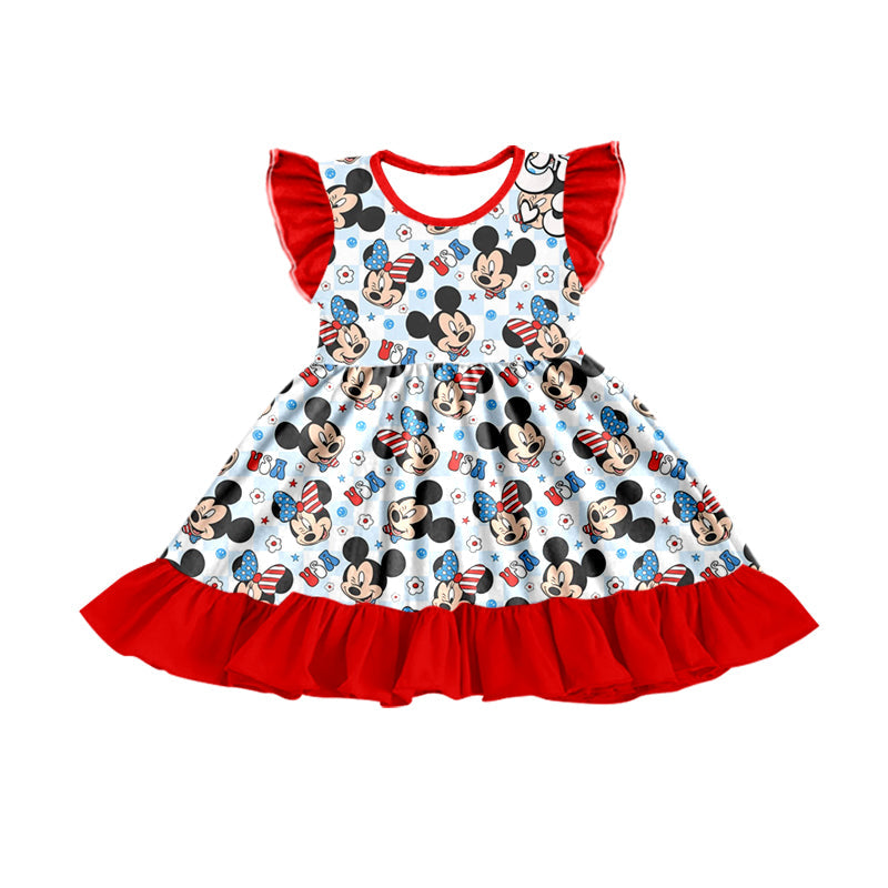 MOQ 3 pcs Flutter sleeves USA mouse girls 4th of july dress