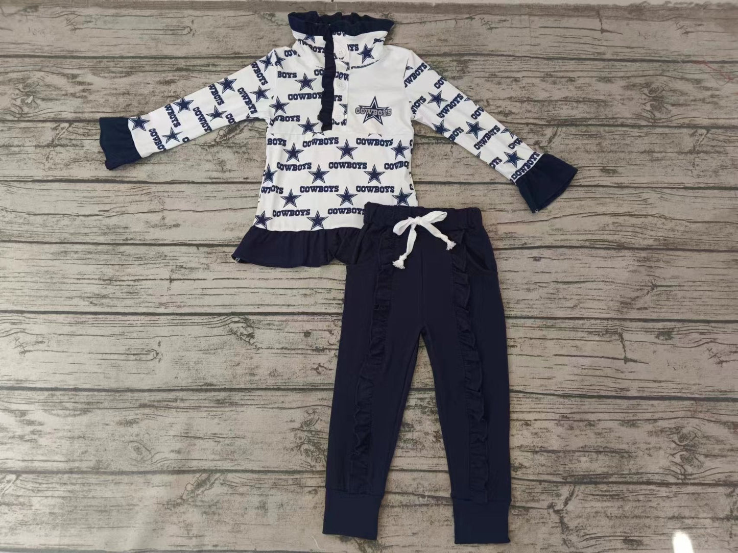 MOQ 3 pcs Cowboy star pullover navy pants kids girls team outfits