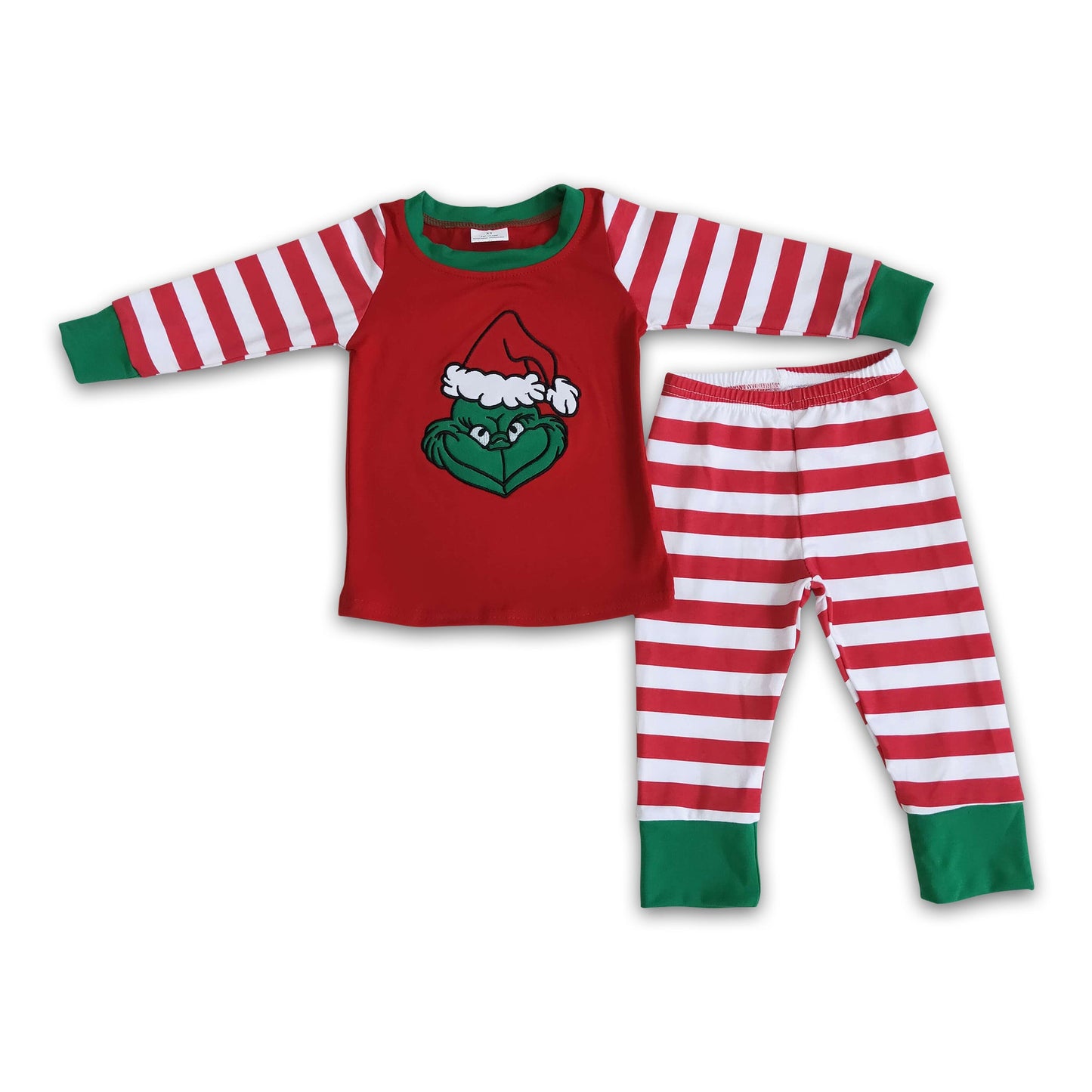 Cute green face embroidery cotton shirt stripe pants boy Christmas pajamas