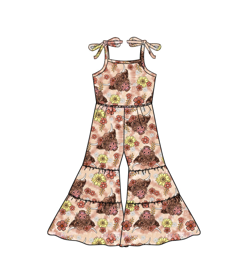 MOQ 5 highland cow floral suspender baby girls jumpsuit