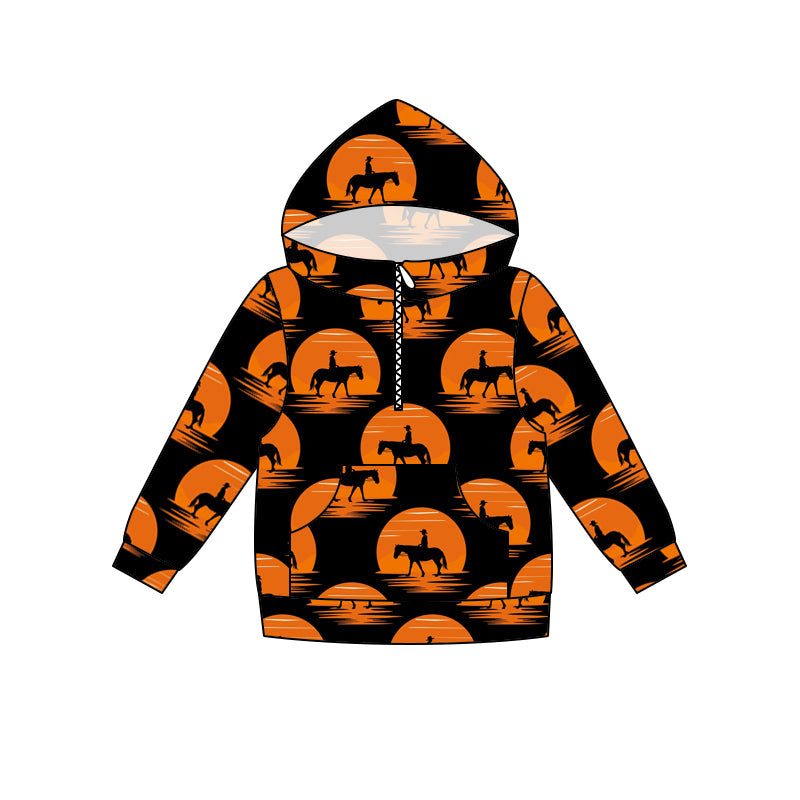 MOQ 5 orange black horse rodeo kids boy zipper hoodie