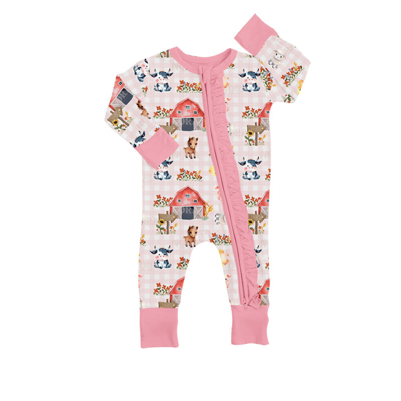 MOQ 5 PCS pink cow horse sheep baby girls zipper farm romper