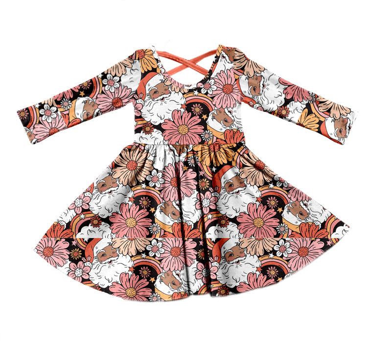 MOQ 5 santa floral long sleeves girls Christmas dress