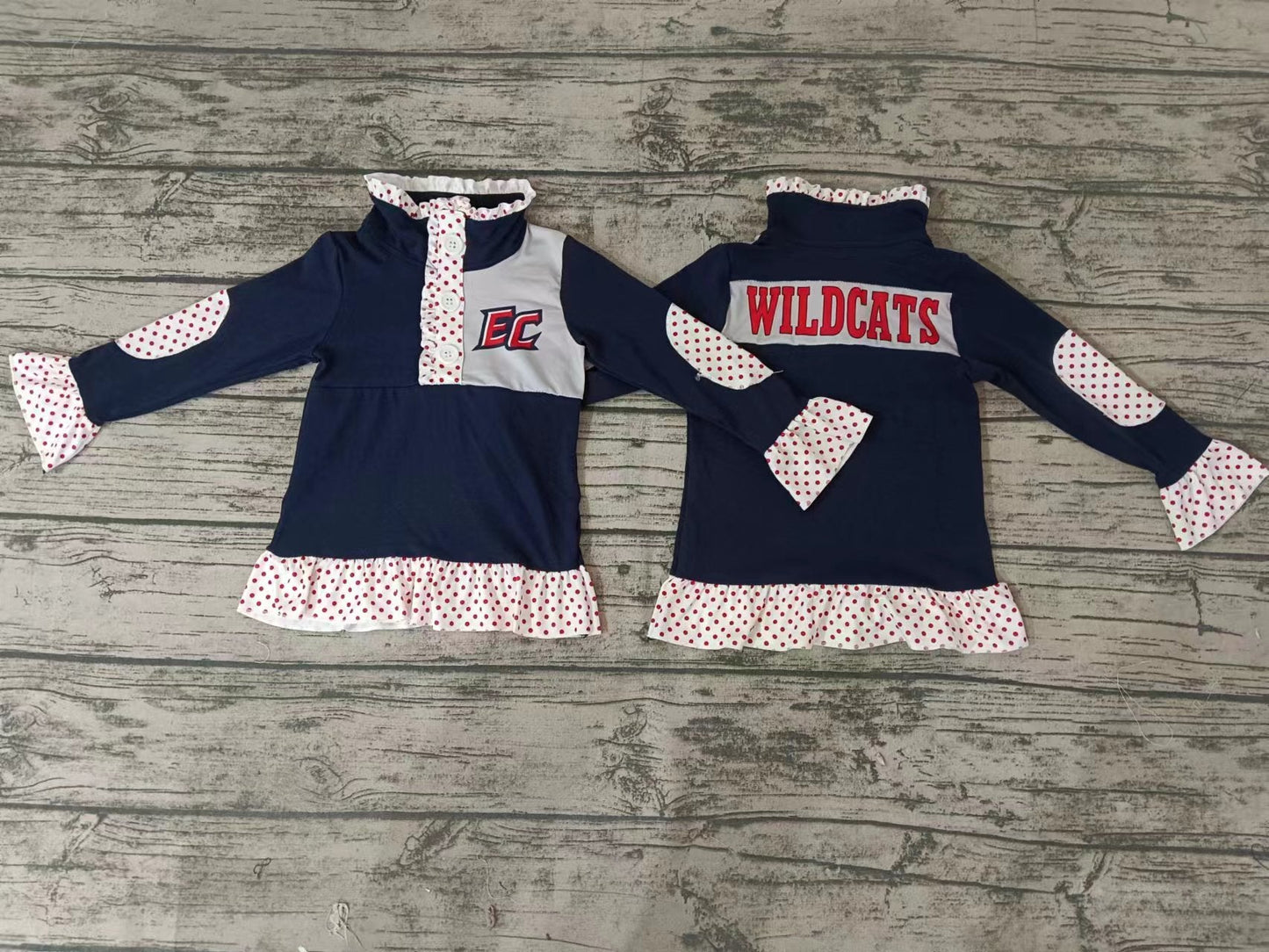 MOQ 3 pcs E C navy polka dots girls team pullover