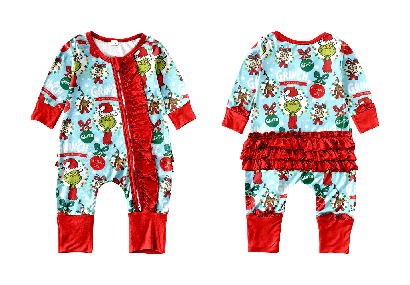 MOQ 5 PCS red green face ruffle baby girls Christmas romper