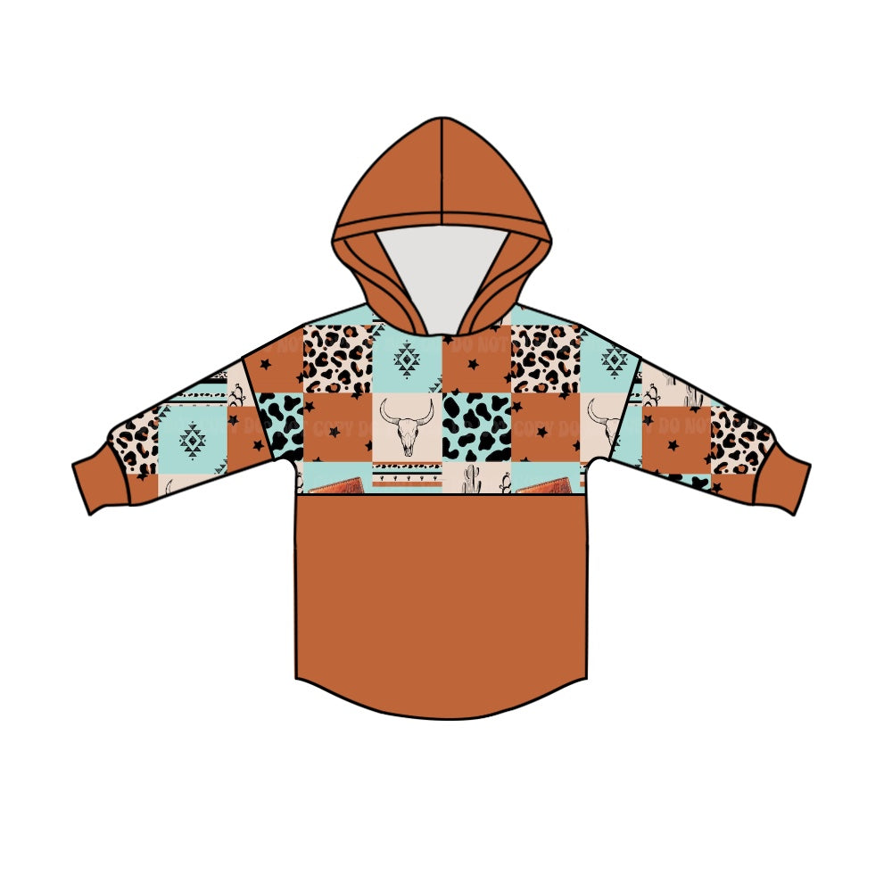 MOQ 5 leopard bull skull patchwork kids western hoodie