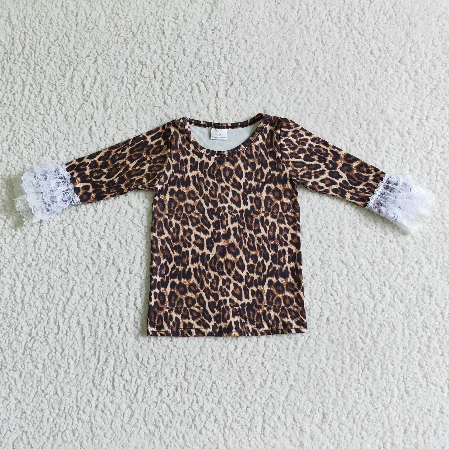 Leopard lace ruffle sleeves girls fall shirt