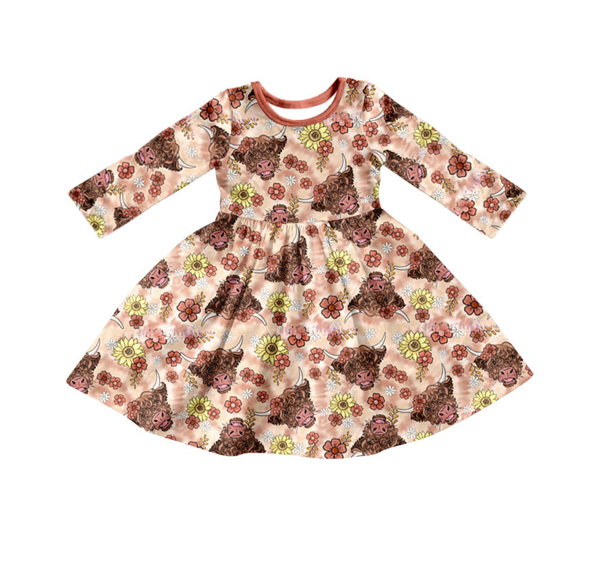 MOQ 5 highland cow floral kids girls dresses