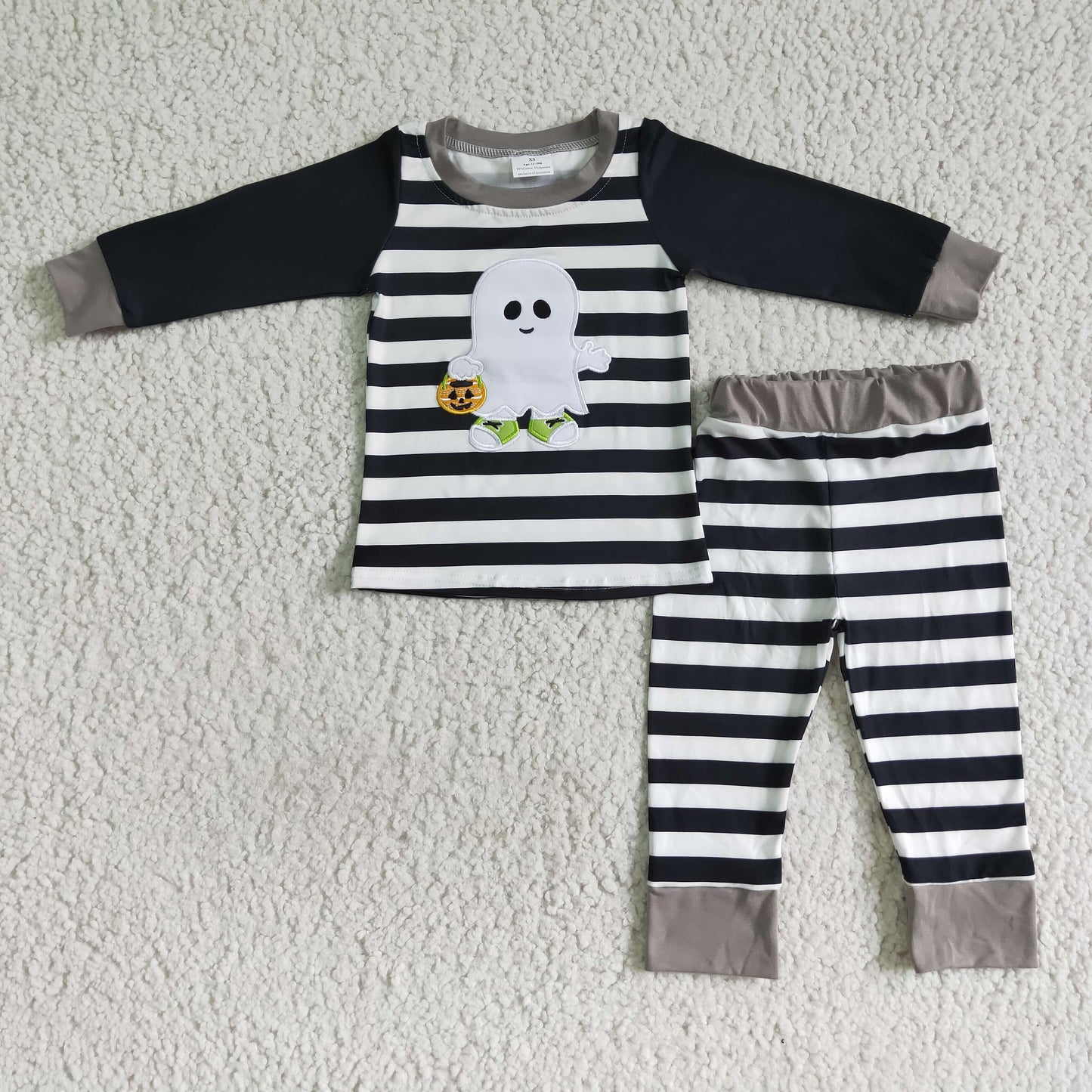 Ghost pumpkin basket embroidery stripe boy Halloween pajamas