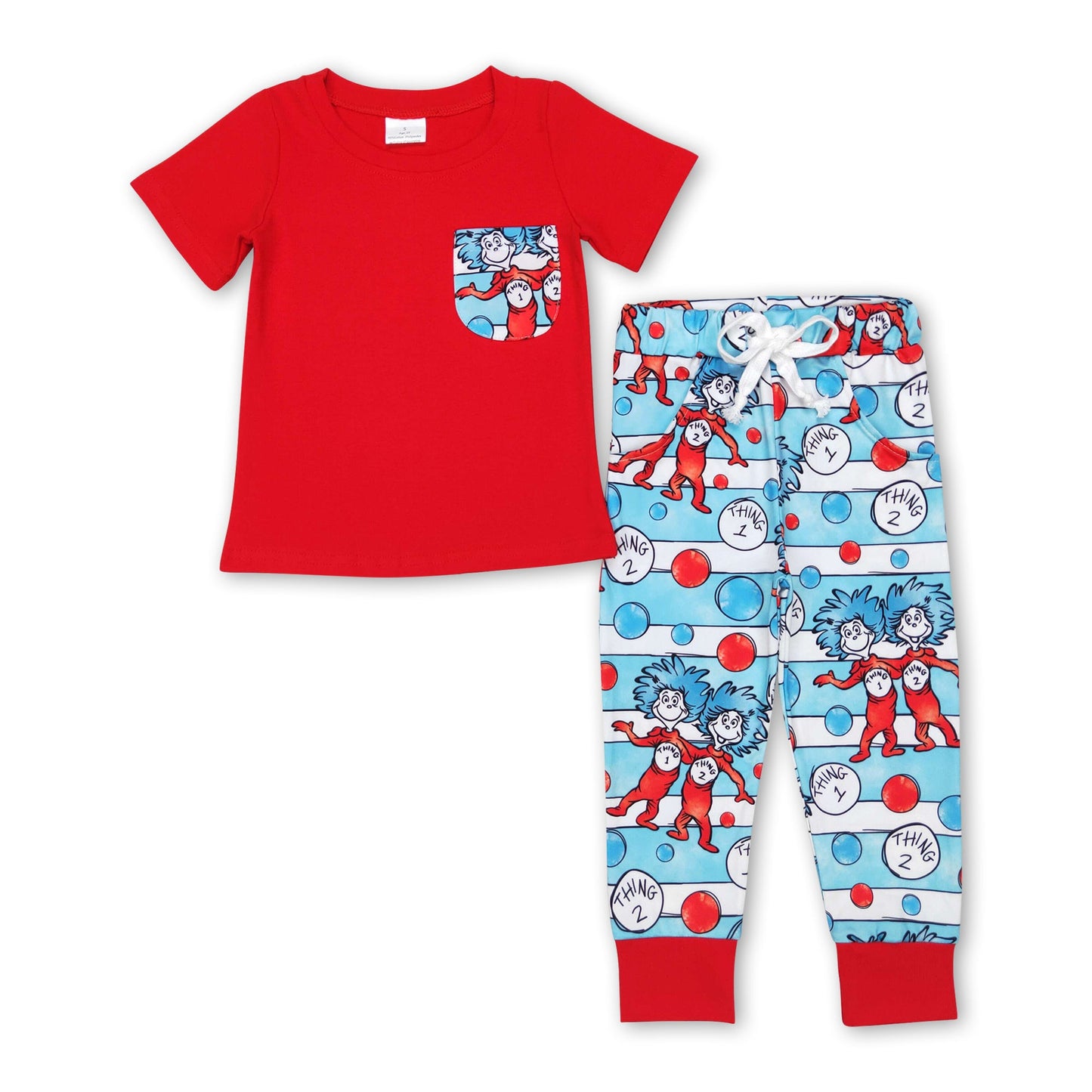 Red pocket shirt cat hat stripe pants boy clothing set