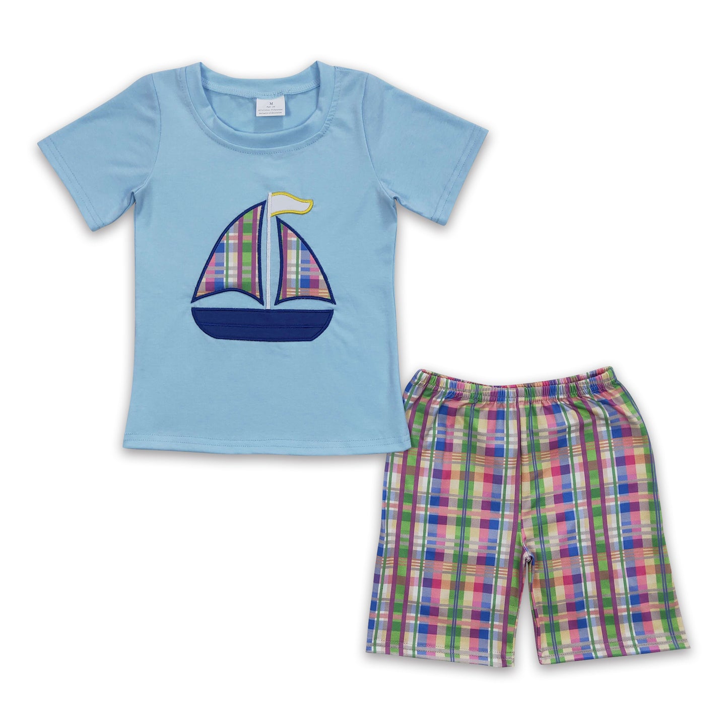 Boat embroidery cotton shirt plaid shorts boy outfits