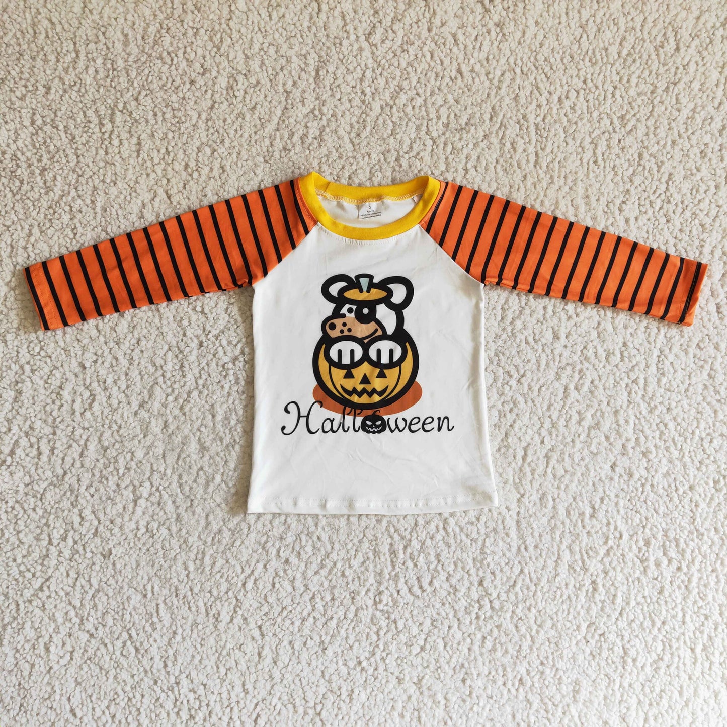 Pumpkin print orange stripe sleeves boy Halloween shirt