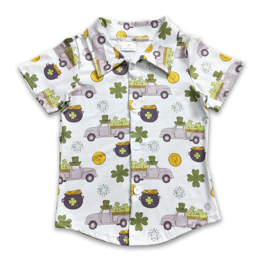 Clover truck short sleeves boy button up st patrick's day shirt