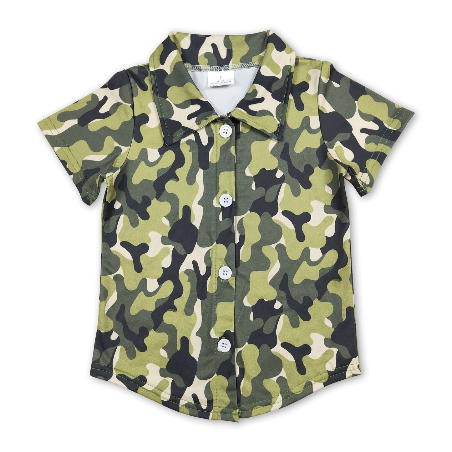 Green camo short sleeves boys button down shirt