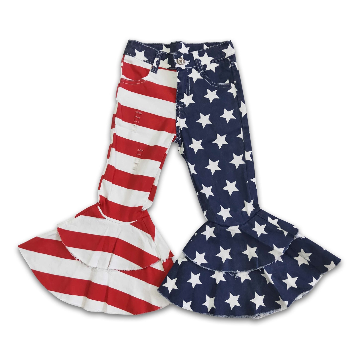 Stripe and stars distressed girls denim pants