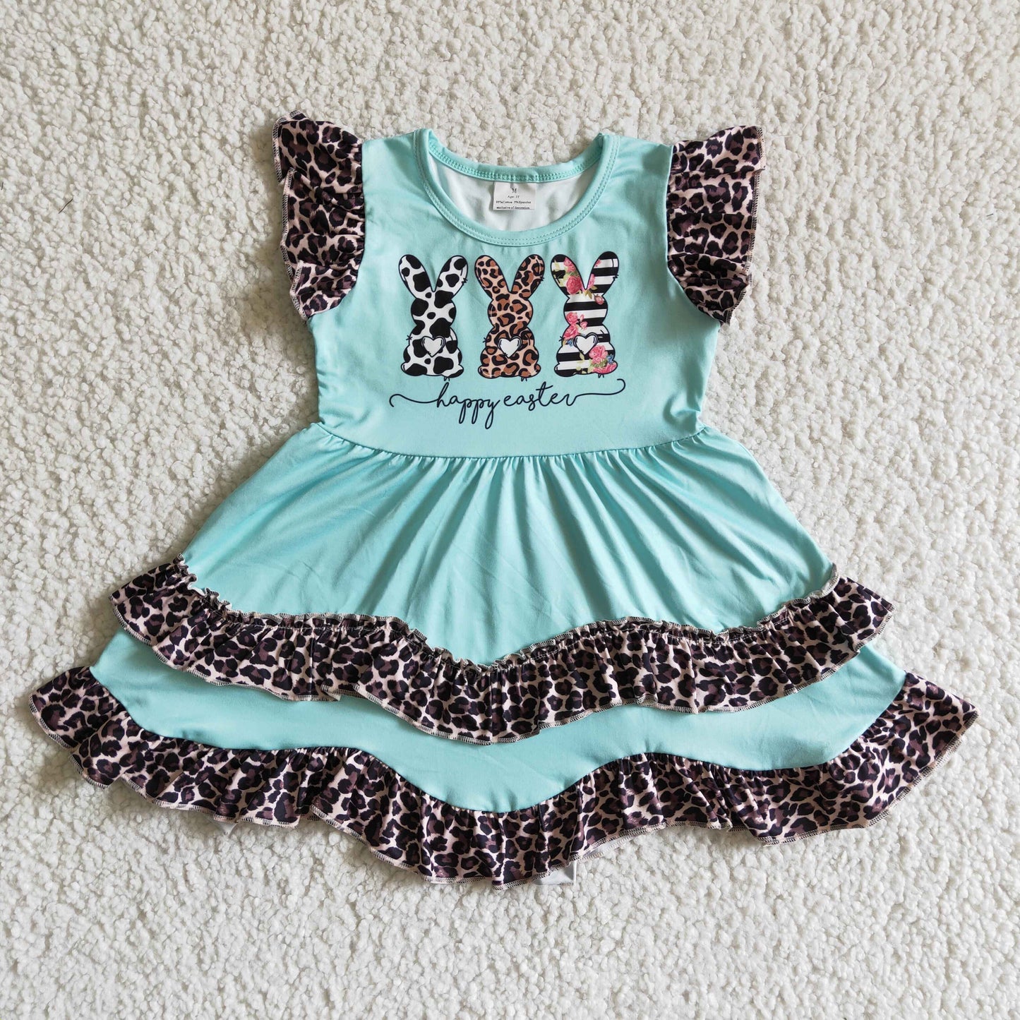 Three bunny print mint ruffle baby girls easter dresses