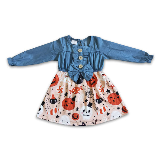 Denim long sleeve pumpkin candy spider girls Halloween dress