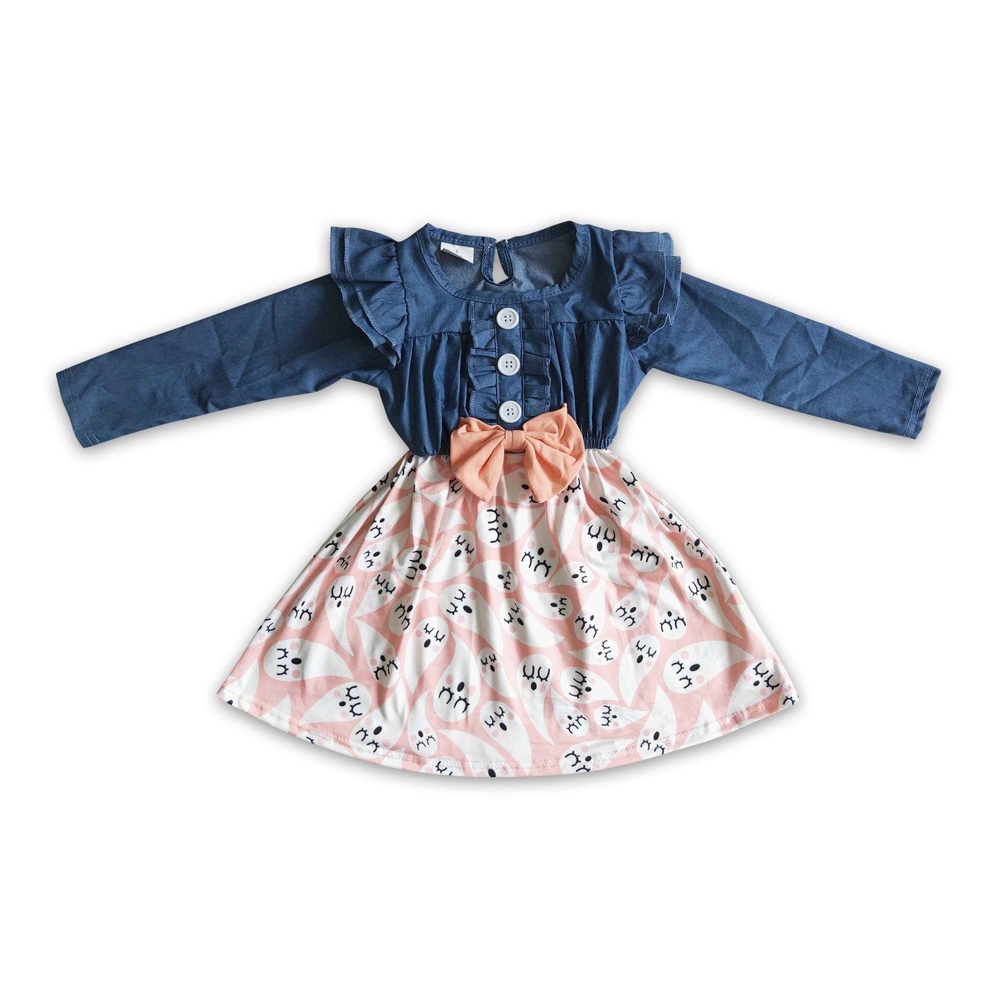 Long sleeve denim ghost print baby girls Halloween dress