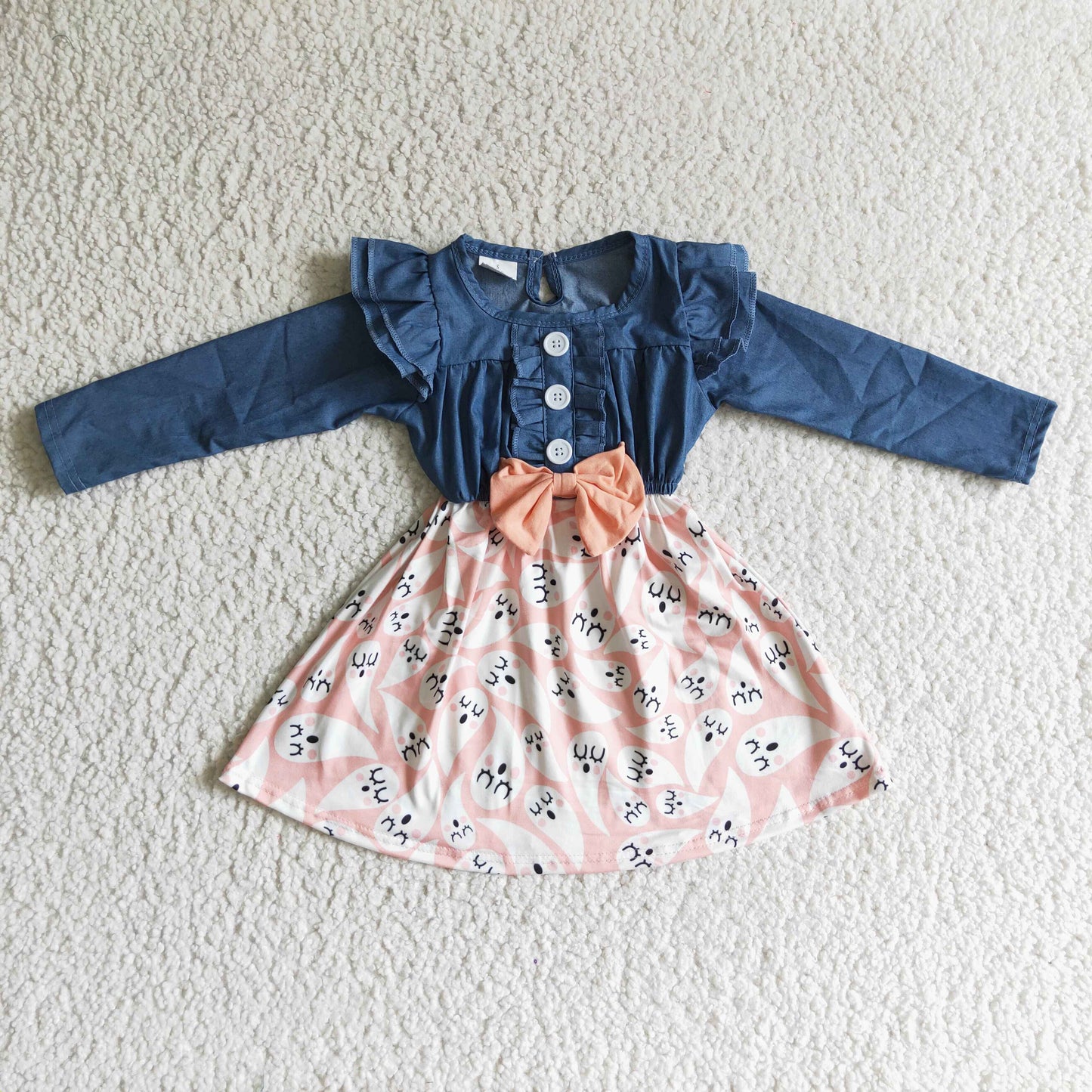 Long sleeve denim ghost print baby girls Halloween dress